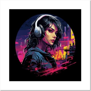 Cyberpunk Neon Woman in Headphones listening to music Posters and Art